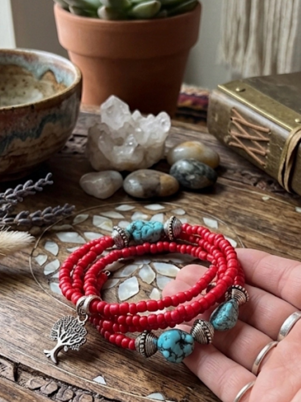 Artisan Red Beaded Wrap Bracelet with Turquoise Accents